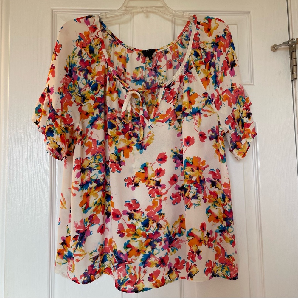 Women’s Multicolored Floral Short-Sleeve Blouse, Size XL